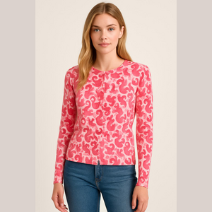 Women's Lands' End Cardigan Pink Seahorse Print Sweater Size M 10-12